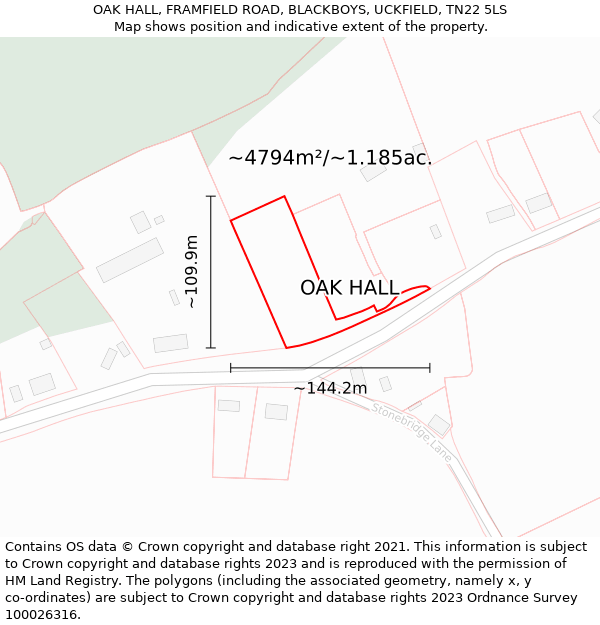 OAK HALL, FRAMFIELD ROAD, BLACKBOYS, UCKFIELD, TN22 5LS: Plot and title map