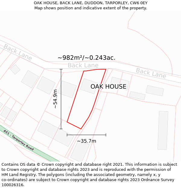 OAK HOUSE, BACK LANE, DUDDON, TARPORLEY, CW6 0EY: Plot and title map