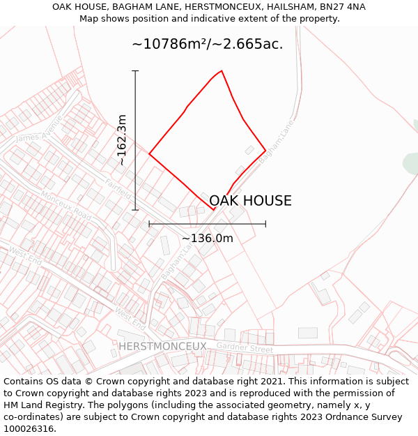OAK HOUSE, BAGHAM LANE, HERSTMONCEUX, HAILSHAM, BN27 4NA: Plot and title map