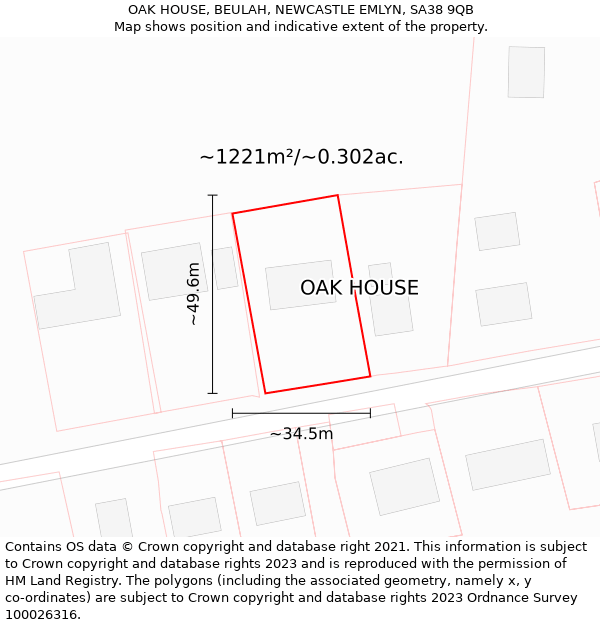 OAK HOUSE, BEULAH, NEWCASTLE EMLYN, SA38 9QB: Plot and title map