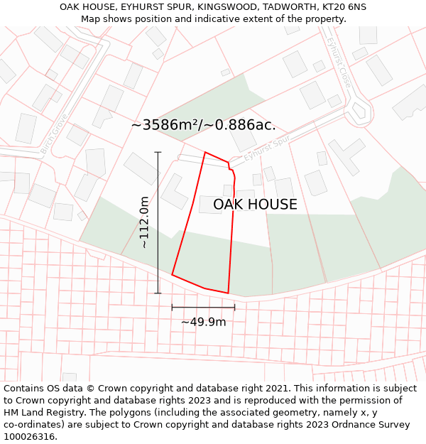 OAK HOUSE, EYHURST SPUR, KINGSWOOD, TADWORTH, KT20 6NS: Plot and title map
