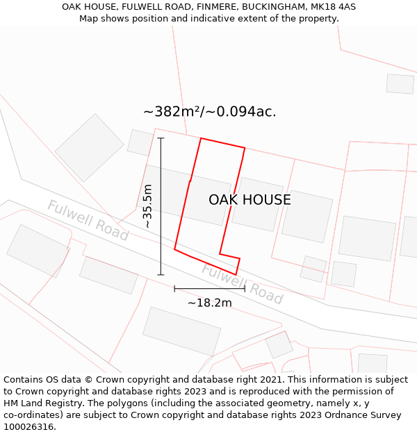 OAK HOUSE, FULWELL ROAD, FINMERE, BUCKINGHAM, MK18 4AS: Plot and title map