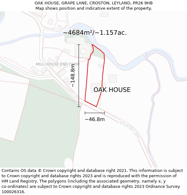 OAK HOUSE, GRAPE LANE, CROSTON, LEYLAND, PR26 9HB: Plot and title map