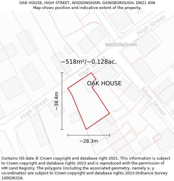 OAK HOUSE, HIGH STREET, WADDINGHAM, GAINSBOROUGH, DN21 4SN: Plot and title map