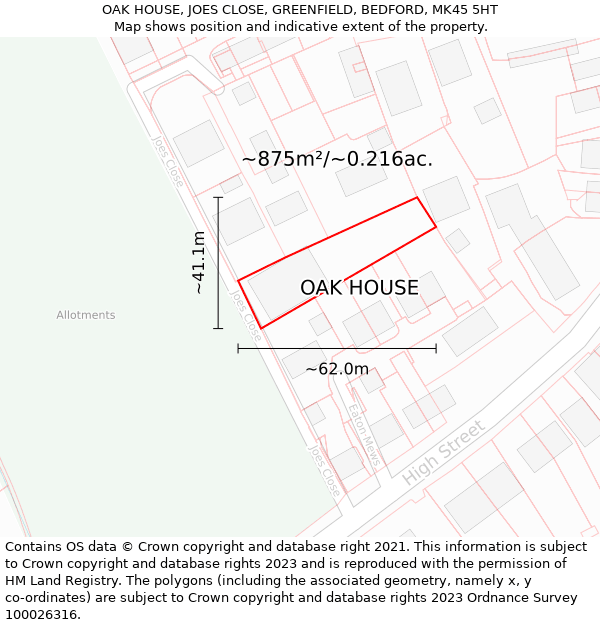 OAK HOUSE, JOES CLOSE, GREENFIELD, BEDFORD, MK45 5HT: Plot and title map