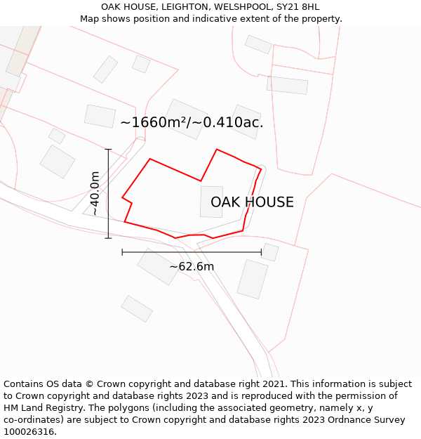 OAK HOUSE, LEIGHTON, WELSHPOOL, SY21 8HL: Plot and title map