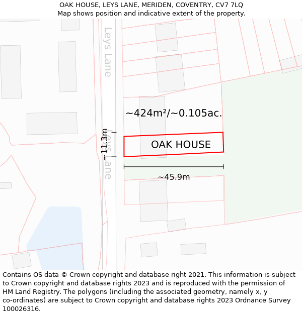 OAK HOUSE, LEYS LANE, MERIDEN, COVENTRY, CV7 7LQ: Plot and title map