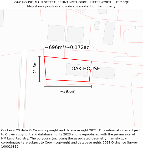 OAK HOUSE, MAIN STREET, BRUNTINGTHORPE, LUTTERWORTH, LE17 5QE: Plot and title map