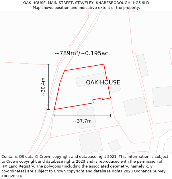 OAK HOUSE, MAIN STREET, STAVELEY, KNARESBOROUGH, HG5 9LD: Plot and title map