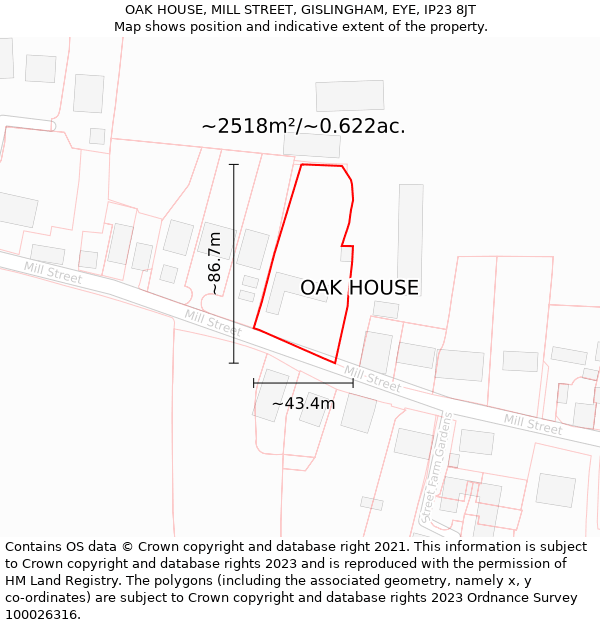 OAK HOUSE, MILL STREET, GISLINGHAM, EYE, IP23 8JT: Plot and title map