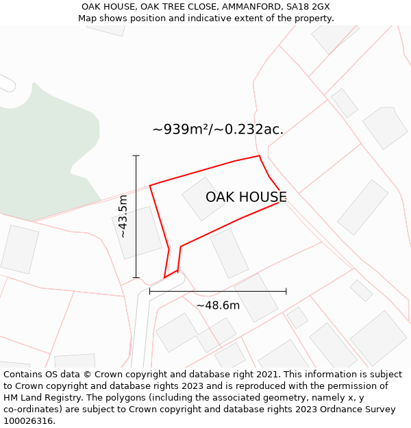 OAK HOUSE, OAK TREE CLOSE, AMMANFORD, SA18 2GX: Plot and title map