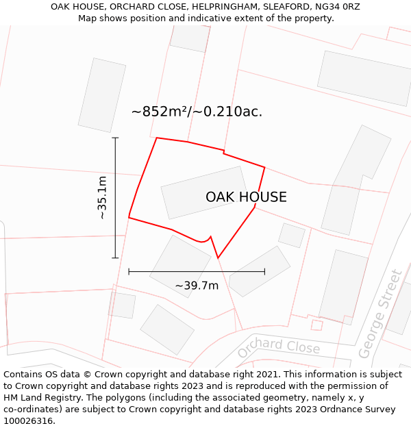 OAK HOUSE, ORCHARD CLOSE, HELPRINGHAM, SLEAFORD, NG34 0RZ: Plot and title map