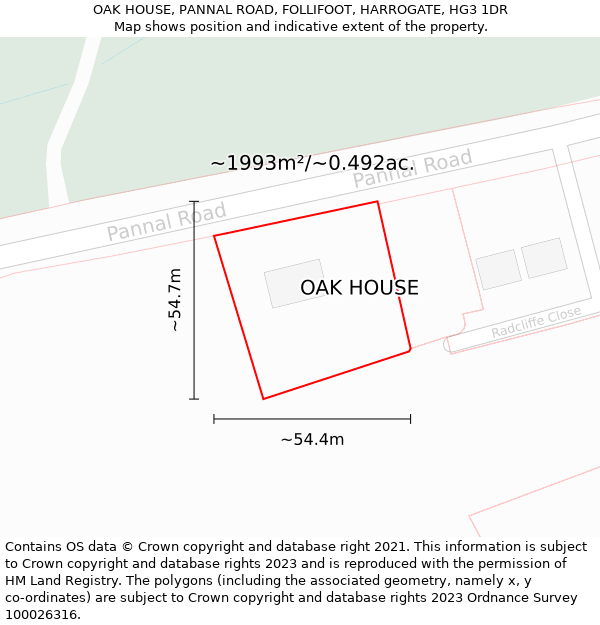 OAK HOUSE, PANNAL ROAD, FOLLIFOOT, HARROGATE, HG3 1DR: Plot and title map