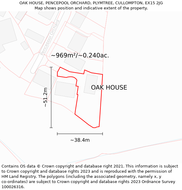 OAK HOUSE, PENCEPOOL ORCHARD, PLYMTREE, CULLOMPTON, EX15 2JG: Plot and title map