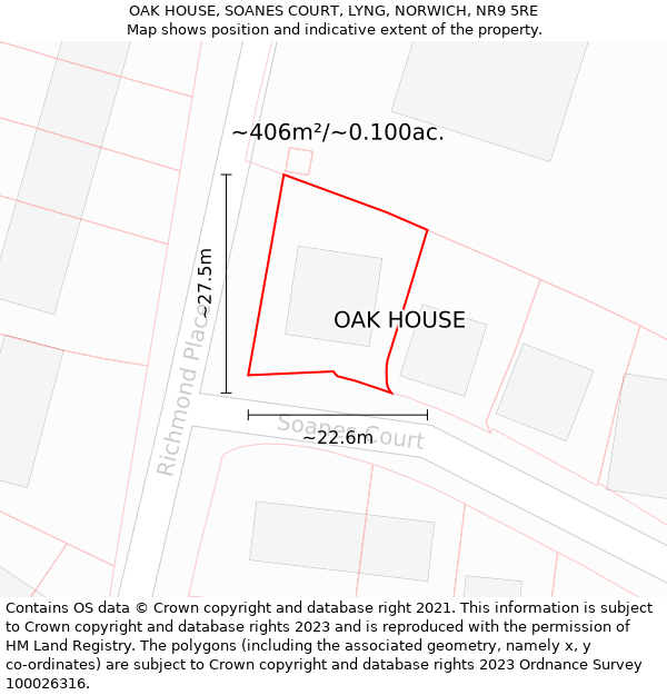 OAK HOUSE, SOANES COURT, LYNG, NORWICH, NR9 5RE: Plot and title map