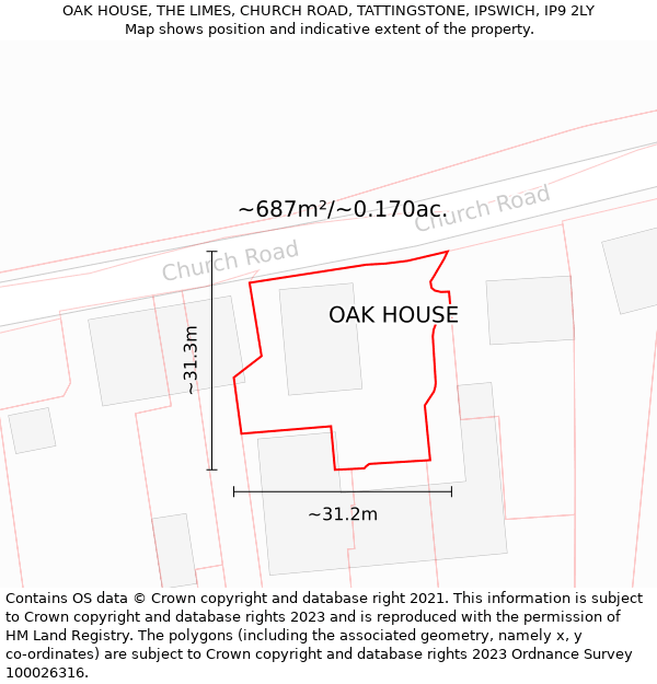 OAK HOUSE, THE LIMES, CHURCH ROAD, TATTINGSTONE, IPSWICH, IP9 2LY: Plot and title map