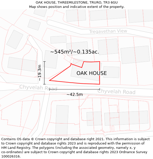 OAK HOUSE, THREEMILESTONE, TRURO, TR3 6GU: Plot and title map