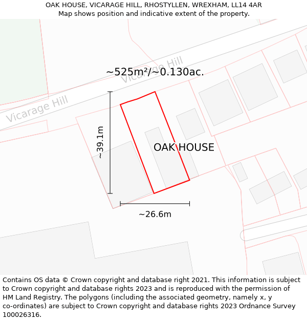 OAK HOUSE, VICARAGE HILL, RHOSTYLLEN, WREXHAM, LL14 4AR: Plot and title map