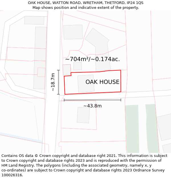 OAK HOUSE, WATTON ROAD, WRETHAM, THETFORD, IP24 1QS: Plot and title map