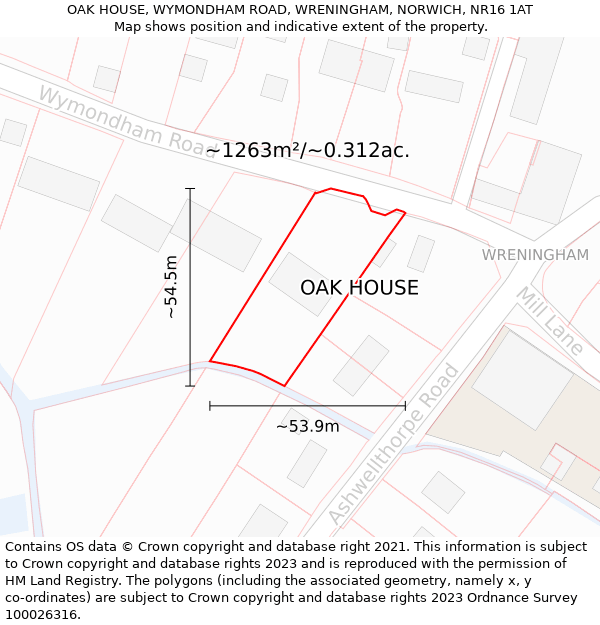 OAK HOUSE, WYMONDHAM ROAD, WRENINGHAM, NORWICH, NR16 1AT: Plot and title map