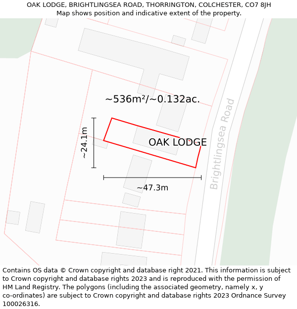 OAK LODGE, BRIGHTLINGSEA ROAD, THORRINGTON, COLCHESTER, CO7 8JH: Plot and title map