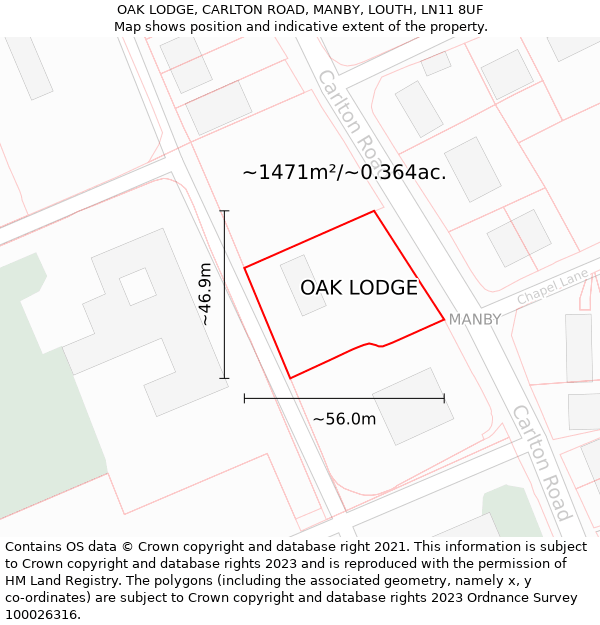 OAK LODGE, CARLTON ROAD, MANBY, LOUTH, LN11 8UF: Plot and title map