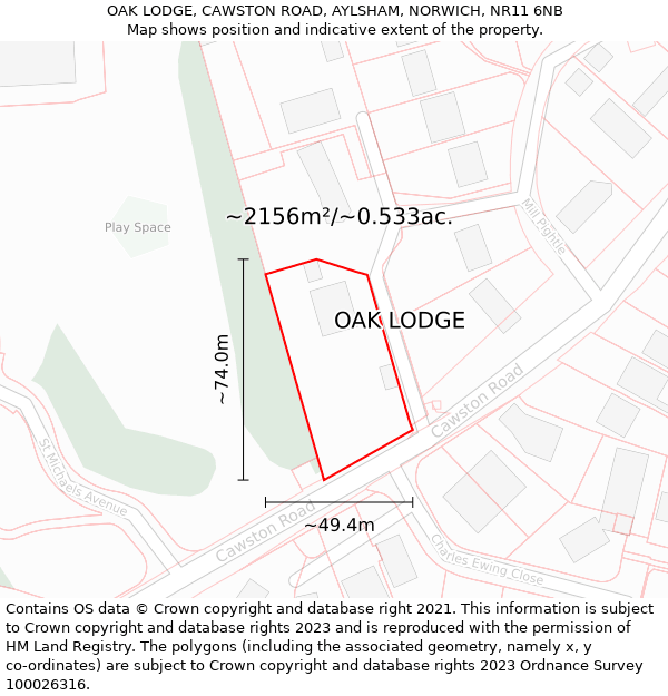 OAK LODGE, CAWSTON ROAD, AYLSHAM, NORWICH, NR11 6NB: Plot and title map