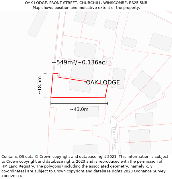 OAK LODGE, FRONT STREET, CHURCHILL, WINSCOMBE, BS25 5NB: Plot and title map