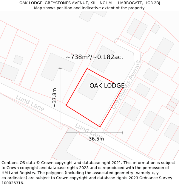 OAK LODGE, GREYSTONES AVENUE, KILLINGHALL, HARROGATE, HG3 2BJ: Plot and title map