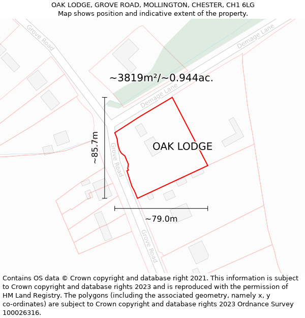 OAK LODGE, GROVE ROAD, MOLLINGTON, CHESTER, CH1 6LG: Plot and title map