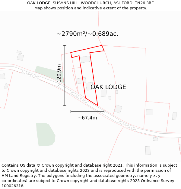 OAK LODGE, SUSANS HILL, WOODCHURCH, ASHFORD, TN26 3RE: Plot and title map