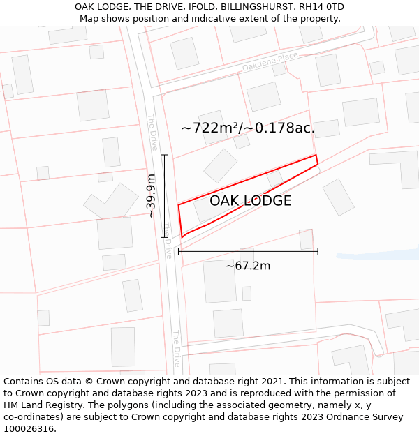 OAK LODGE, THE DRIVE, IFOLD, BILLINGSHURST, RH14 0TD: Plot and title map