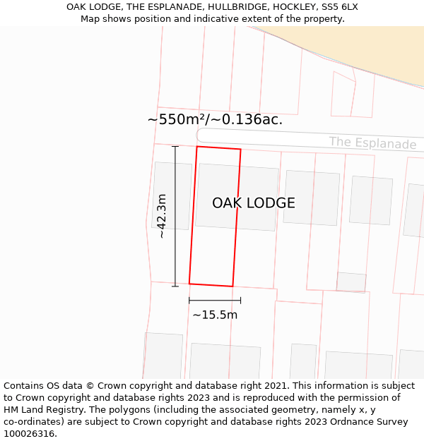 OAK LODGE, THE ESPLANADE, HULLBRIDGE, HOCKLEY, SS5 6LX: Plot and title map