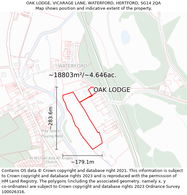 OAK LODGE, VICARAGE LANE, WATERFORD, HERTFORD, SG14 2QA: Plot and title map