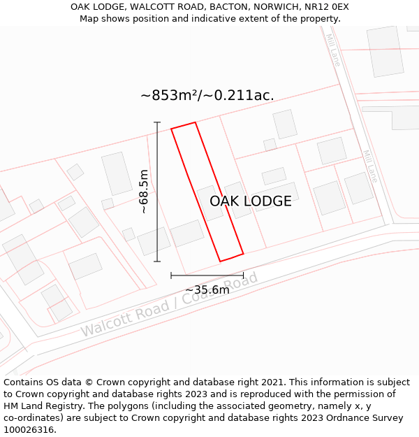 OAK LODGE, WALCOTT ROAD, BACTON, NORWICH, NR12 0EX: Plot and title map