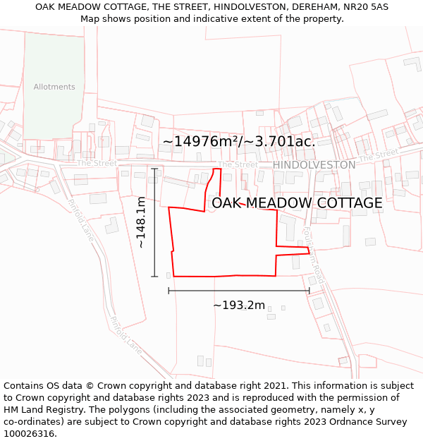 OAK MEADOW COTTAGE, THE STREET, HINDOLVESTON, DEREHAM, NR20 5AS: Plot and title map
