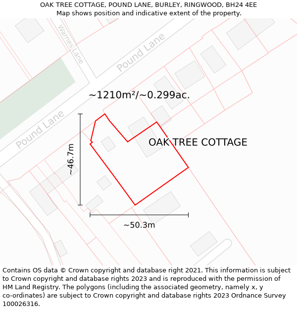 OAK TREE COTTAGE, POUND LANE, BURLEY, RINGWOOD, BH24 4EE: Plot and title map