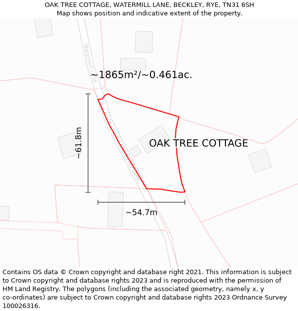 OAK TREE COTTAGE, WATERMILL LANE, BECKLEY, RYE, TN31 6SH: Plot and title map