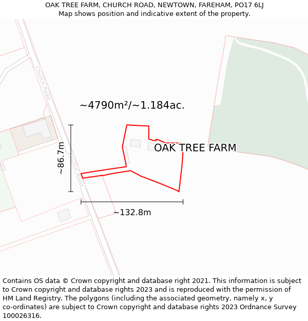 OAK TREE FARM, CHURCH ROAD, NEWTOWN, FAREHAM, PO17 6LJ: Plot and title map