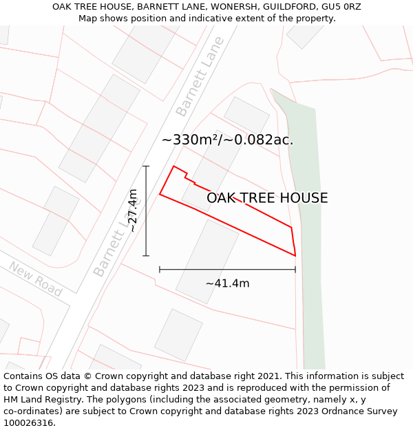 OAK TREE HOUSE, BARNETT LANE, WONERSH, GUILDFORD, GU5 0RZ: Plot and title map