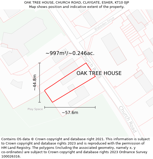 OAK TREE HOUSE, CHURCH ROAD, CLAYGATE, ESHER, KT10 0JP: Plot and title map