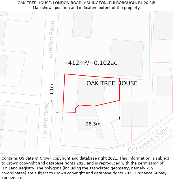 OAK TREE HOUSE, LONDON ROAD, ASHINGTON, PULBOROUGH, RH20 3JR: Plot and title map