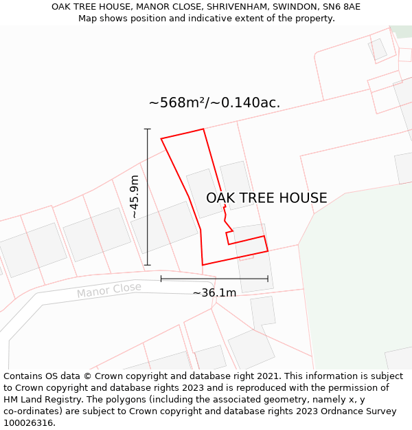 OAK TREE HOUSE, MANOR CLOSE, SHRIVENHAM, SWINDON, SN6 8AE: Plot and title map