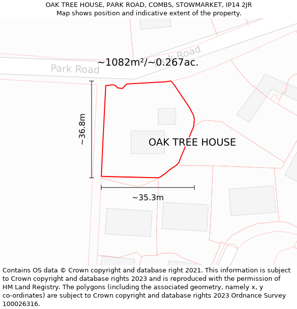 OAK TREE HOUSE, PARK ROAD, COMBS, STOWMARKET, IP14 2JR: Plot and title map