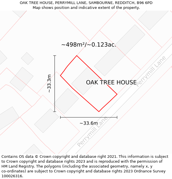 OAK TREE HOUSE, PERRYMILL LANE, SAMBOURNE, REDDITCH, B96 6PD: Plot and title map