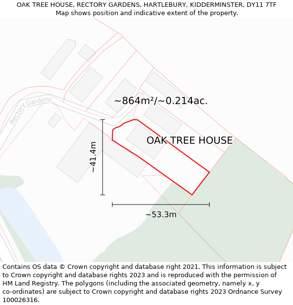 OAK TREE HOUSE, RECTORY GARDENS, HARTLEBURY, KIDDERMINSTER, DY11 7TF: Plot and title map