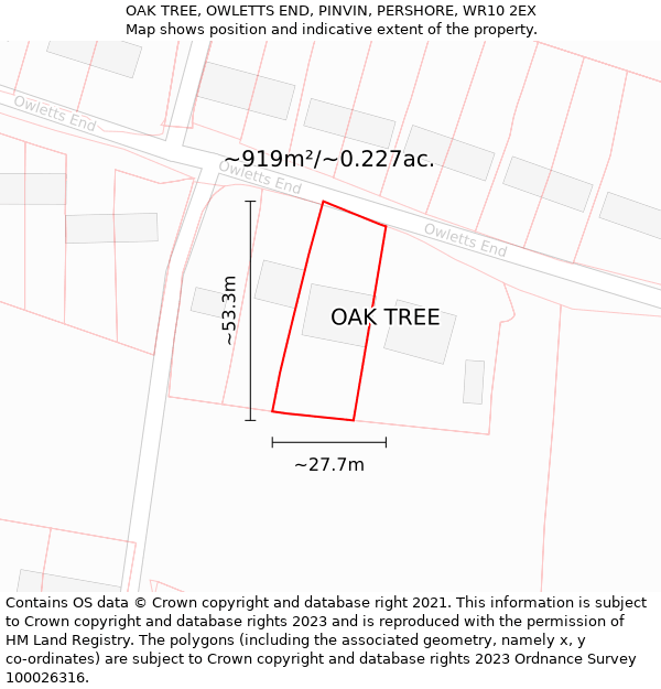 OAK TREE, OWLETTS END, PINVIN, PERSHORE, WR10 2EX: Plot and title map