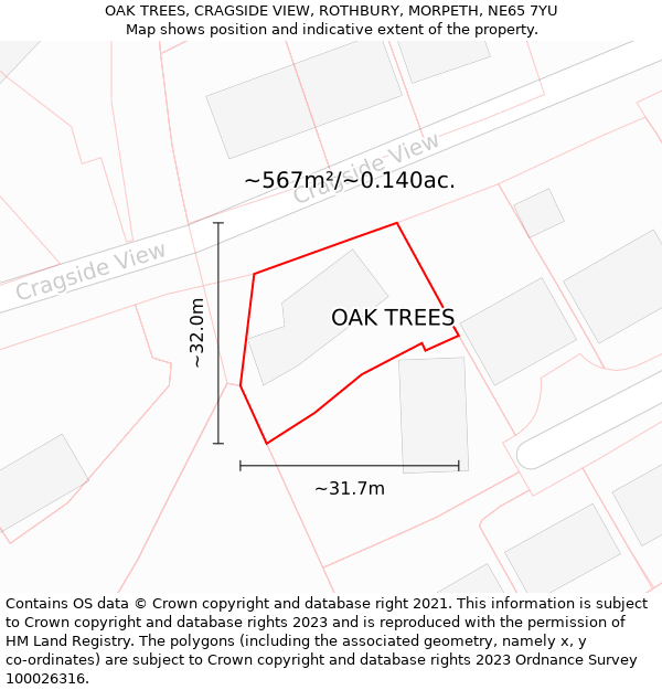 OAK TREES, CRAGSIDE VIEW, ROTHBURY, MORPETH, NE65 7YU: Plot and title map