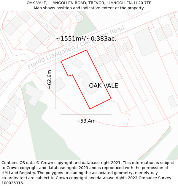 OAK VALE, LLANGOLLEN ROAD, TREVOR, LLANGOLLEN, LL20 7TB: Plot and title map