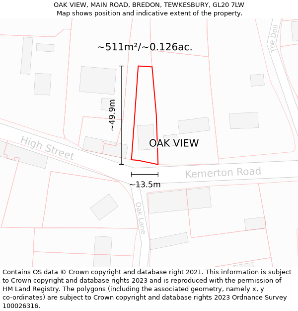 OAK VIEW, MAIN ROAD, BREDON, TEWKESBURY, GL20 7LW: Plot and title map